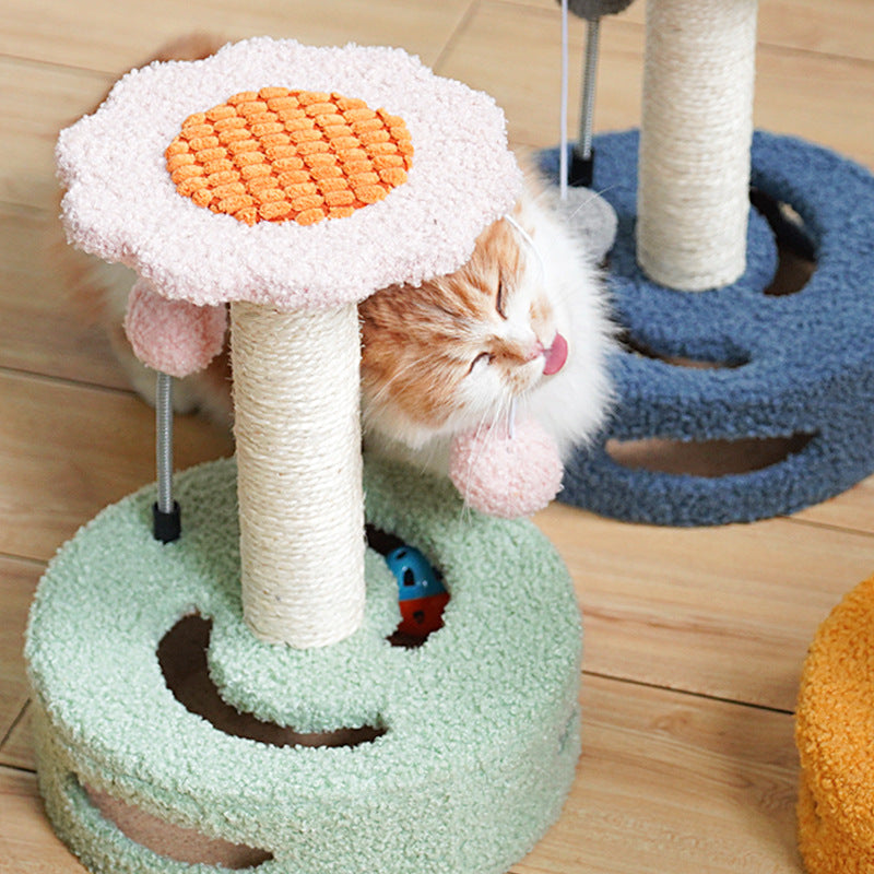 NNEDSZ Yellow-pink Interactive Cat Scratching Post with Playful Ball Toys, Flower Design - 35cm Height, 26cm Base