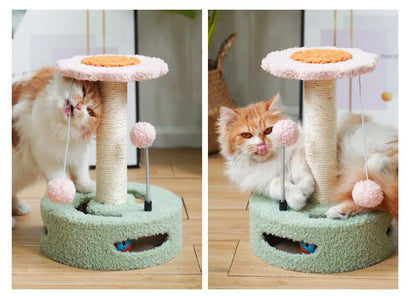 NNEDSZ Yellow-pink Interactive Cat Scratching Post with Playful Ball Toys, Flower Design - 35cm Height, 26cm Base