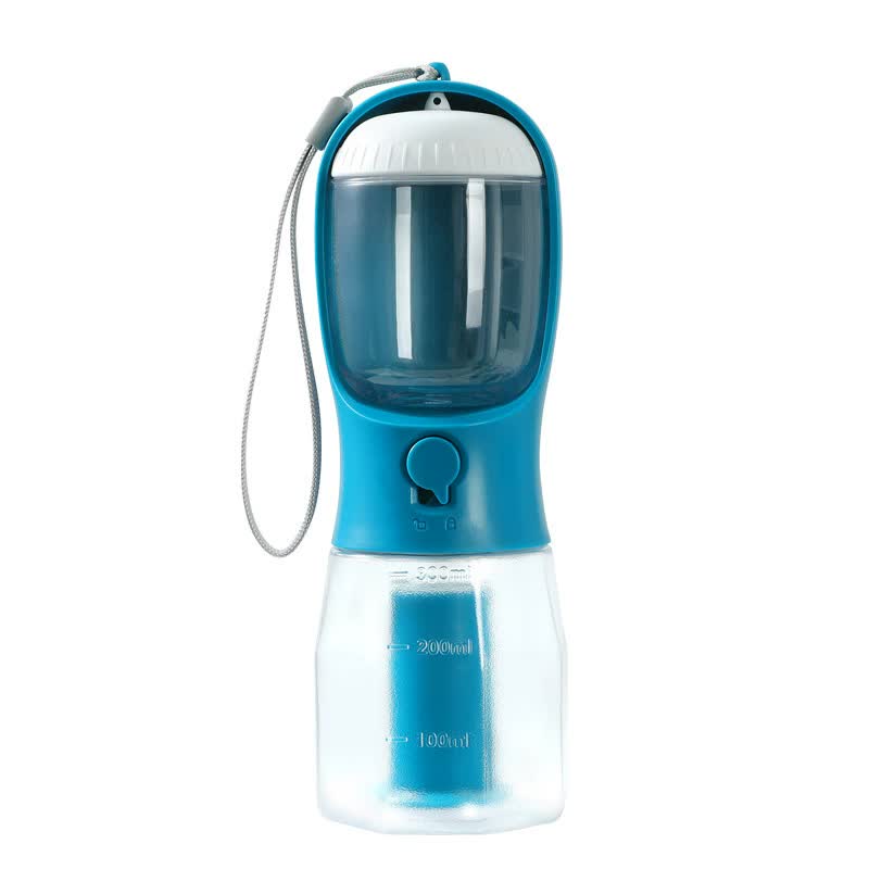 NNEDSZ Indigo 3-in-1 Portable Pet Water Bottle with Food Storage and Waste Bag Dispenser - 300mL Capacity
