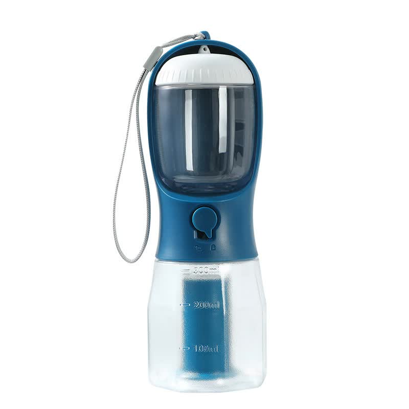NNEDSZ Dark Blue 3-in-1 Portable Pet Water Bottle with Food Storage and Waste Bag Dispenser - 300mL Capacity
