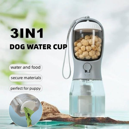 NNEDSZ Dark Blue 3-in-1 Portable Pet Water Bottle with Food Storage and Waste Bag Dispenser - 300mL Capacity